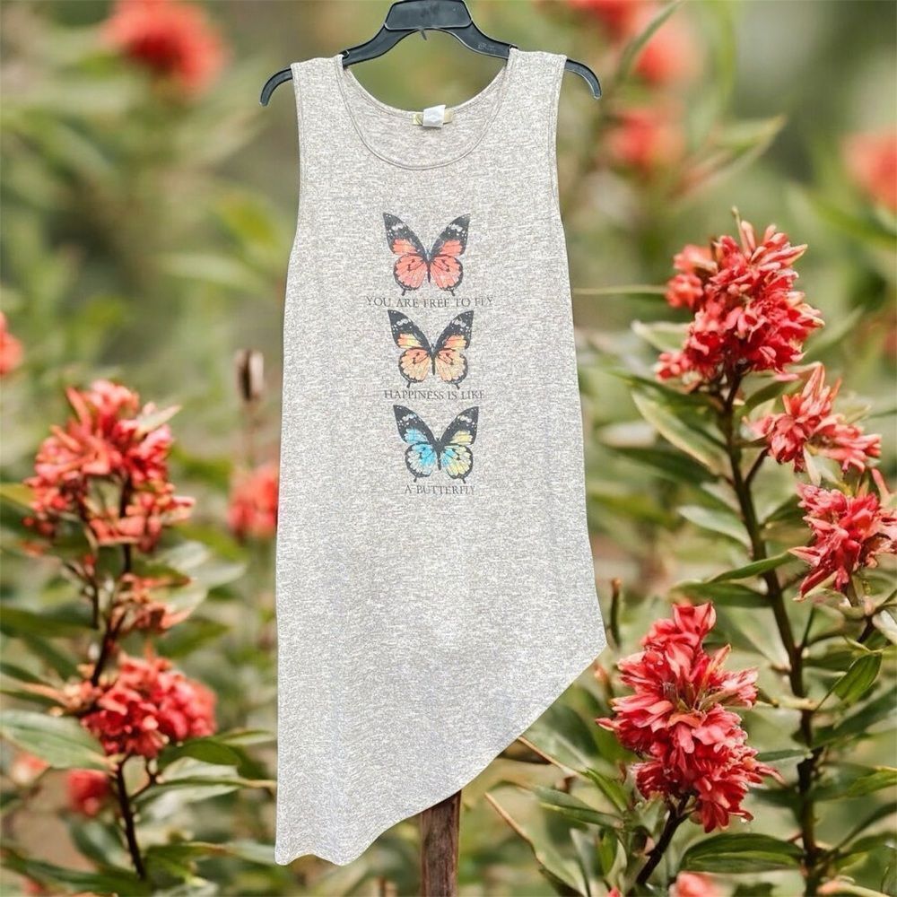 Urban Day Women's Sleeveless Butterfly Graphic Soft Taupe Tunic Top M Whimsy